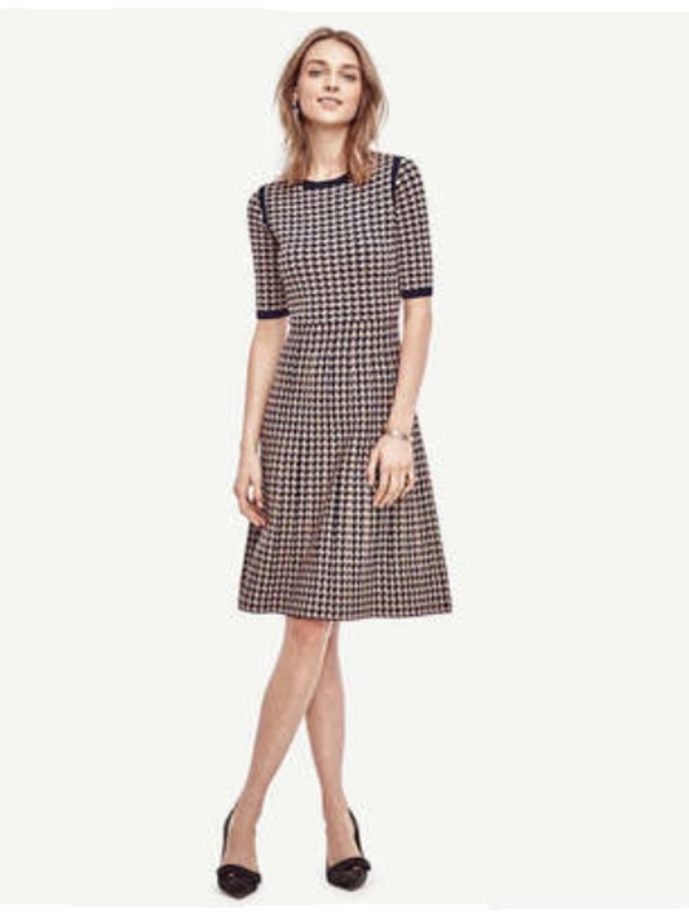 Ann Taylor Houndstooth Knit A-Line Dress – Navy & Light Pink – Size M